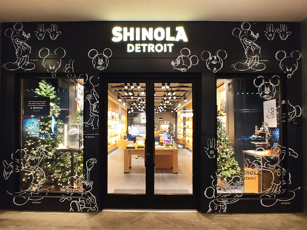 mickey mouse vinyl graphics on shinola store front